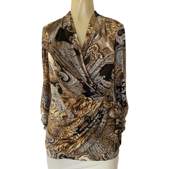 Cache Top Blouse Paisley Brown Gold Beige Surplice V Neck 3/4 Ruched Sle… - Picture 1 of 6